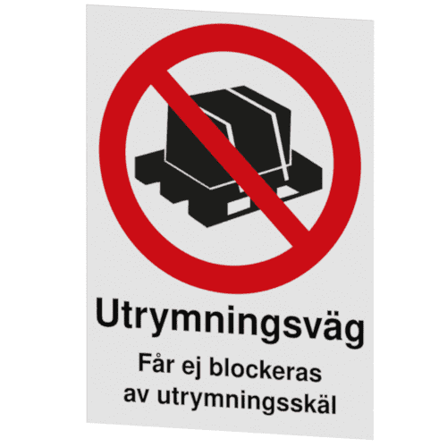 Utrymningsväg får ej blockeras-skylten har storleken 210x297mm och tillverkas i materialet Självhäftande dekal. Denna standardskylt kan anpassas så att du kan skapa din egen version av skylten.