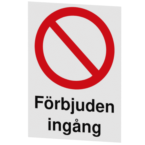 Förbjuden ingång-skylten har storleken 210x297mm och tillverkas i materialet Självhäftande dekal. Denna standardskylt kan anpassas så att du kan skapa din egen version av skylten.