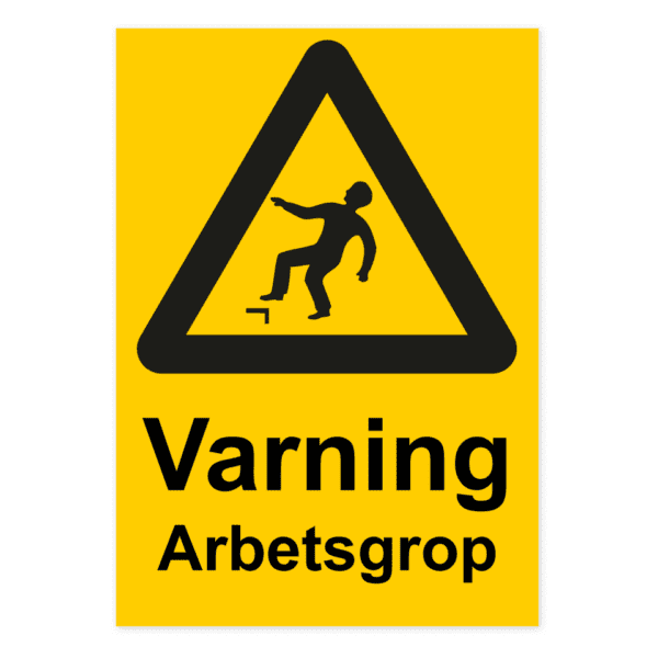 Varning för arbetsgrop-skylten har storleken 210x297mm och tillverkas i materialet Aluminium 0.7mm. Denna standardskylt kan anpassas så att du kan skapa din egen version av skylten.