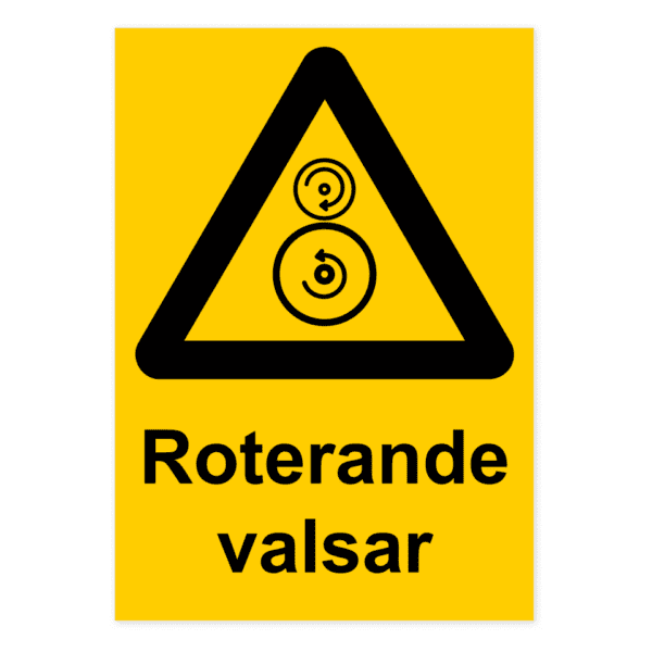 Varning för roterande valsar-skylten har storleken 210x297mm och tillverkas i materialet Aluminium 0.7mm. Denna standardskylt kan anpassas så att du kan skapa din egen version av skylten.