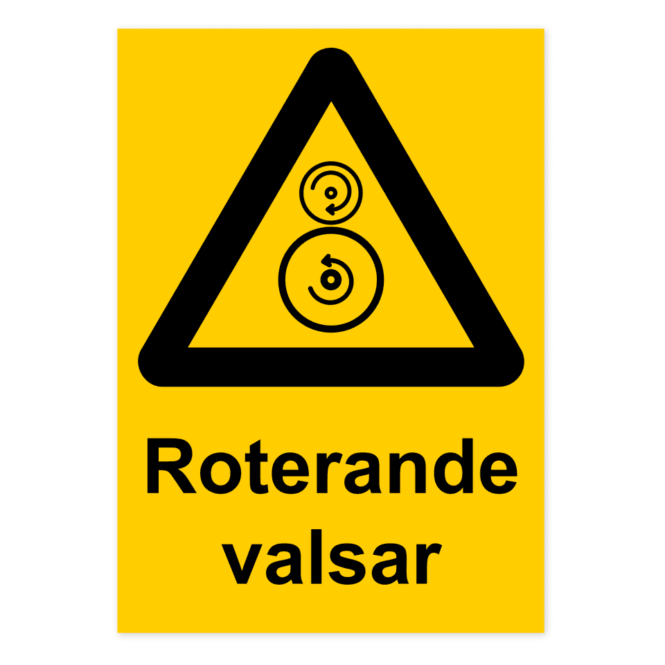 Varning för roterande valsar-skylten har storleken 210x297mm och tillverkas i materialet Aluminium 0.7mm. Denna standardskylt kan anpassas så att du kan skapa din egen version av skylten.