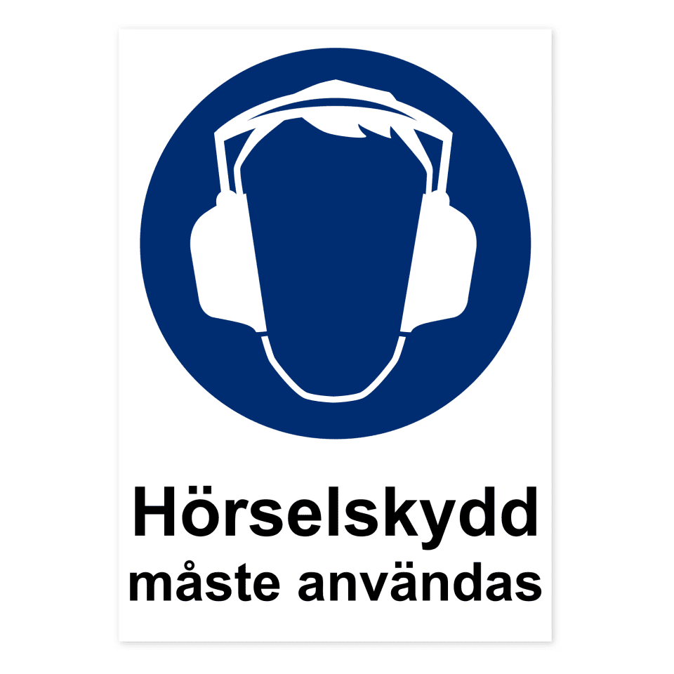 Hörselskydd måste användas-skylten har storleken 210x297mm och tillverkas i materialet Aluminium 0.7mm. Denna standardskylt kan anpassas så att du kan skapa din egen version av skylten.