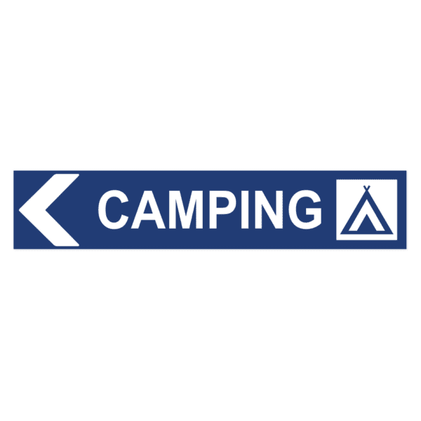 Camping pil vänster-skylten har storleken 750x150mm och tillverkas i materialet Aluminium 2mm Plan. Denna standardskylt kan anpassas så att du kan skapa din egen version av skylten.