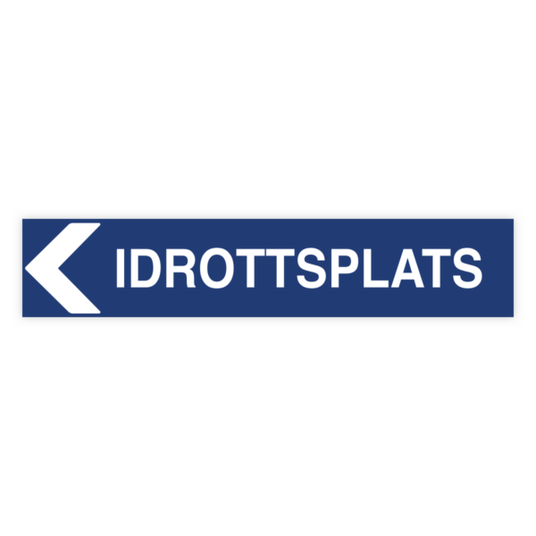 Idrottsplats pil vänster-skylten har storleken 750x150mm och tillverkas i materialet Aluminium 2mm kantvikt. Denna standardskylt kan anpassas så att du kan skapa din egen version av skylten.