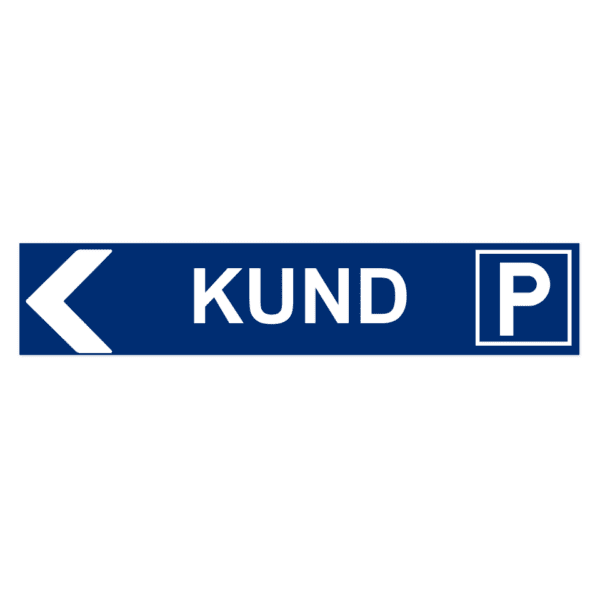 Kundparkering pil vänster-skylten har storleken 750x150mm och tillverkas i materialet aluminium 2mm plan. Denna standardskylt kan anpassas så att du kan skapa din egen version av skylten.