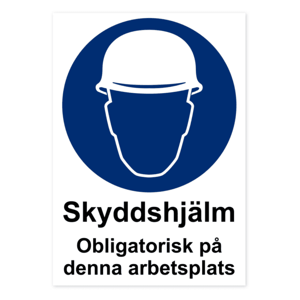 Skyddshjälm. Obligatorisk på denna arbetsplats.-skylten har storleken 210x297mm och tillverkas i materialet Aluminium 0.7mm. Denna standardskylt kan anpassas så att du kan skapa din egen version av skylten.