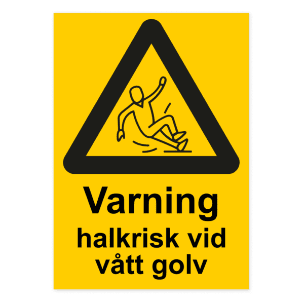 Varning för halkrisk vid vått golv-skylten har storleken 210x297mm och tillverkas i materialet Aluminium 0.7mm. Denna standardskylt kan anpassas så att du kan skapa din egen version av skylten.