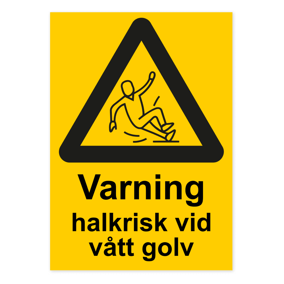 Varning för halkrisk vid vått golv-skylten har storleken 210x297mm och tillverkas i materialet Aluminium 0.7mm. Denna standardskylt kan anpassas så att du kan skapa din egen version av skylten.