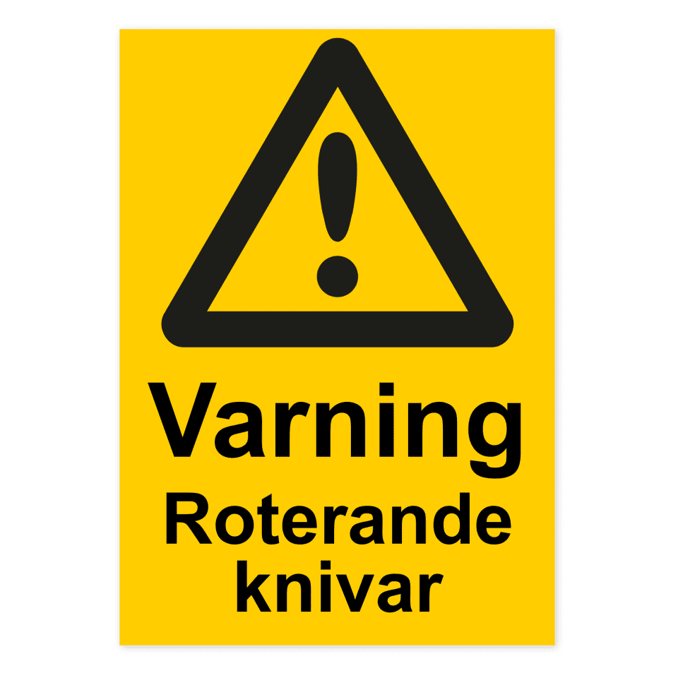 Varning för roterande knivar-skylten har storleken 210x297mm och tillverkas i materialet Aluminium 0.7mm. Denna standardskylt kan anpassas så att du kan skapa din egen version av skylten.