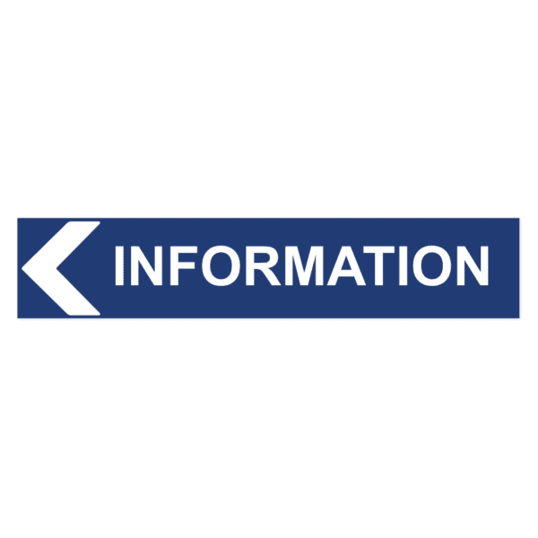 Information pil vänster-skylten har storleken 750x150mm och tillverkas i materialet Aluminium 2mm Plan. Denna standardskylt kan anpassas så att du kan skapa din egen version av skylten.