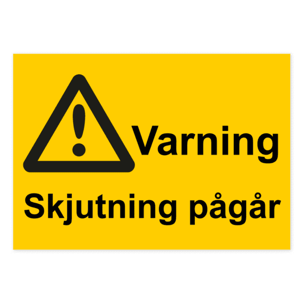 Varning, skjutning pågår-skylten har storleken 297x210mm och tillverkas i materialet Aluminium 0.7mm. Denna standardskylt kan anpassas så att du kan skapa din egen version av skylten.