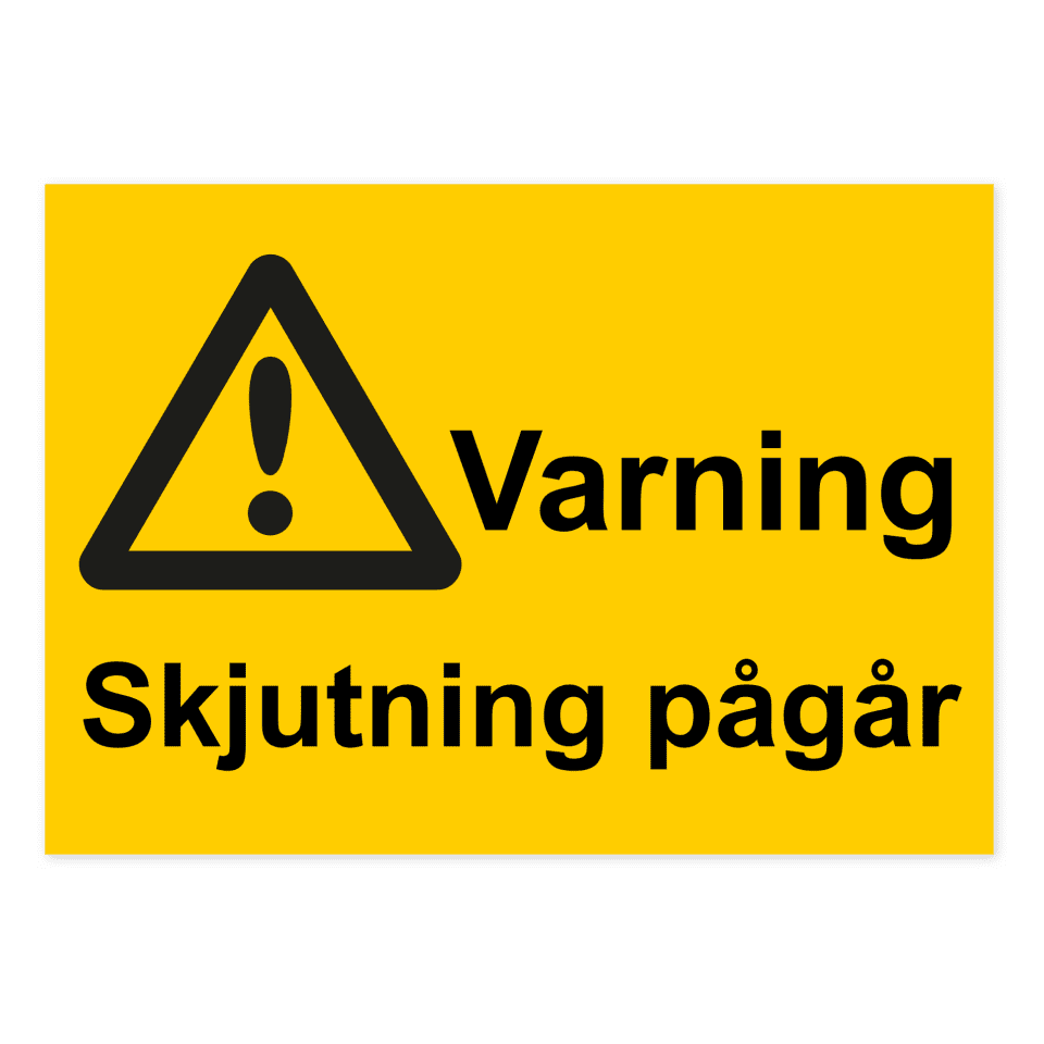 Varning, skjutning pågår-skylten har storleken 297x210mm och tillverkas i materialet Aluminium 0.7mm. Denna standardskylt kan anpassas så att du kan skapa din egen version av skylten.