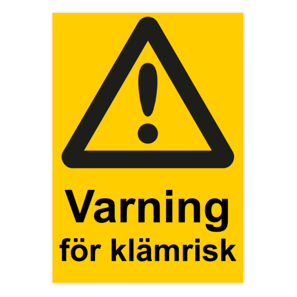 Varning för klämrisk-skylten har storleken 210x297mm och tillverkas i materialet Aluminium 0.7mm. Denna standardskylt kan anpassas så att du kan skapa din egen version av skylten.