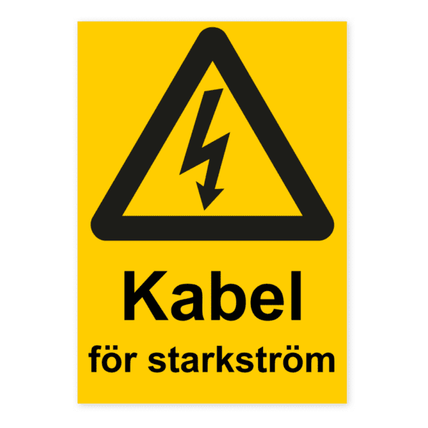 Kabel för starkström-skylten har storleken 148x210mm och tillverkas i materialet Aluminium 0.7mm. Denna standardskylt kan anpassas så att du kan skapa din egen version av skylten.