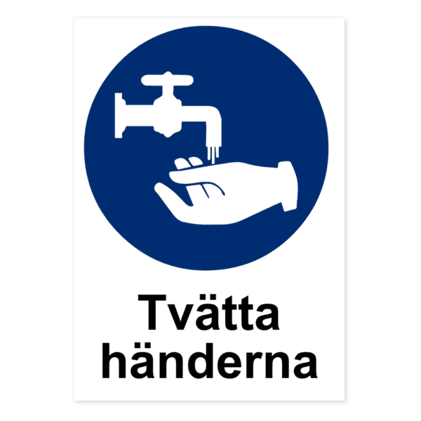 Tvätta händerna.-skylten har storleken 210x297mm och tillverkas i materialet Aluminium 0.7mm. Denna standardskylt kan anpassas så att du kan skapa din egen version av skylten.