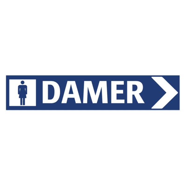 Damer pil höger-skylten har storleken 750x150mm och tillverkas i materialet Aluminium 2mm Plan. Denna standardskylt kan anpassas så att du kan skapa din egen version av skylten.