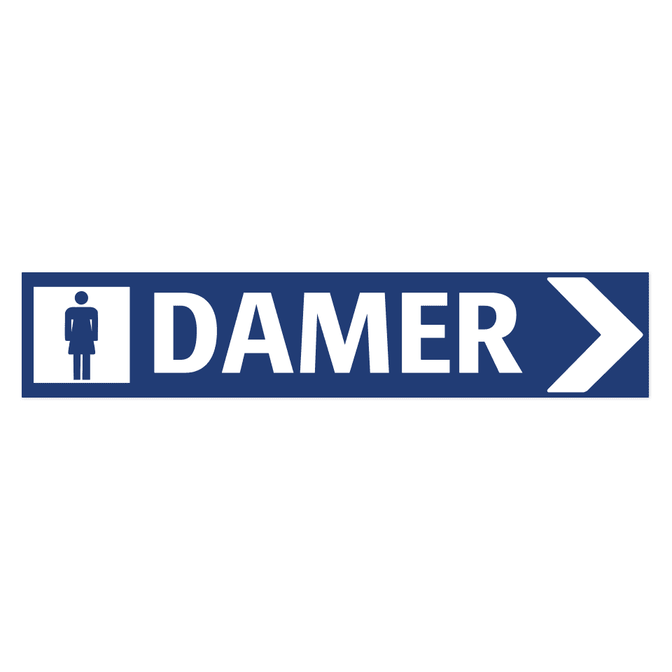 Damer pil höger-skylten har storleken 750x150mm och tillverkas i materialet Aluminium 2mm Plan. Denna standardskylt kan anpassas så att du kan skapa din egen version av skylten.