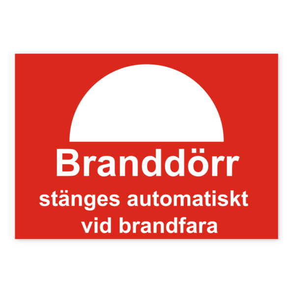 Branddörr stänges automatiskt vid brandfara-skylten har storleken 210x148mm och tillverkas i materialet Dekal. Denna standardskylt kan anpassas så att du kan skapa din egen version av skylten.