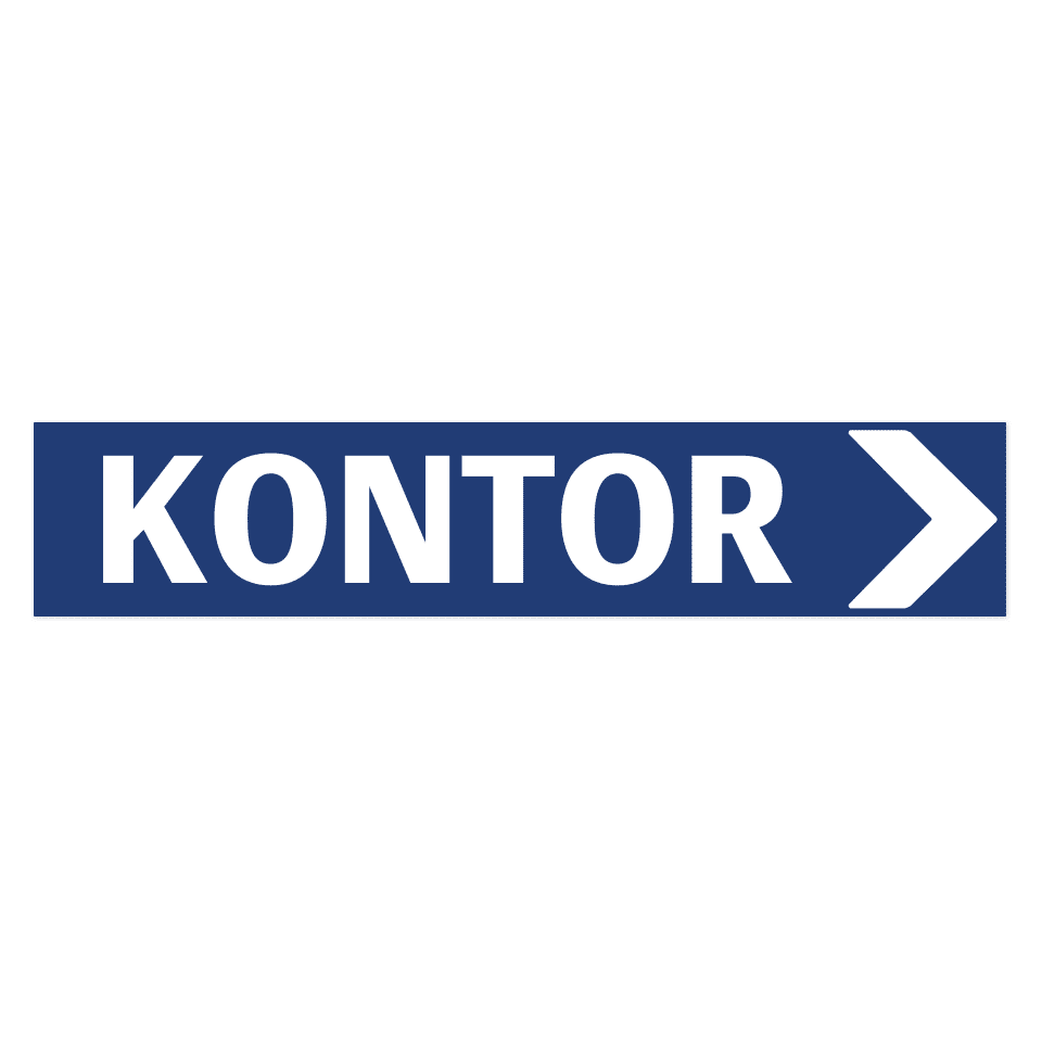 Kontor pil höger-skylten har storleken 750x150mm och tillverkas i materialet Aluminium 2mm Plan. Denna standardskylt kan anpassas så att du kan skapa din egen version av skylten.