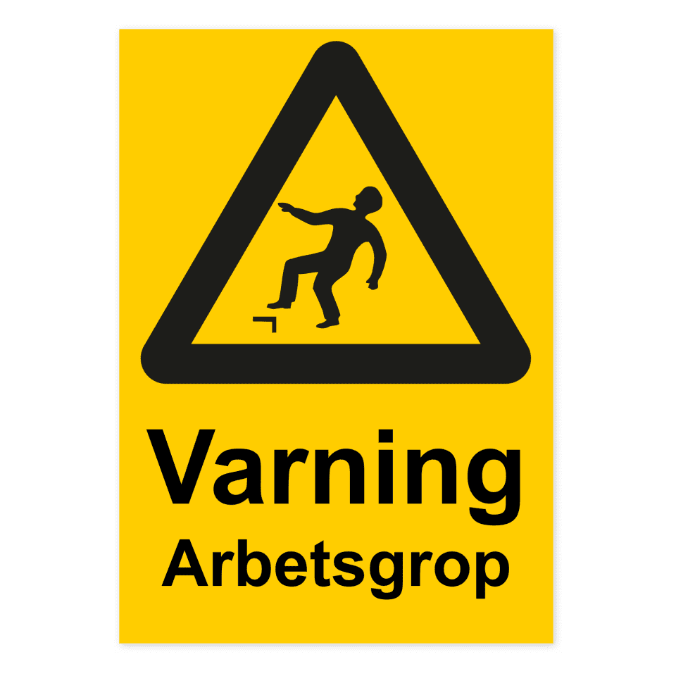Varning för arbetsgrop-skylten har storleken 210x297mm och tillverkas i materialet Dekal. Denna standardskylt kan anpassas så att du kan skapa din egen version av skylten.
