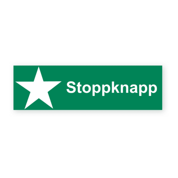 Stoppknapp-skylten har storleken 100x30mm och tillverkas i materialet Aluminium 0.7mm. Denna standardskylt kan anpassas så att du kan skapa din egen version av skylten.