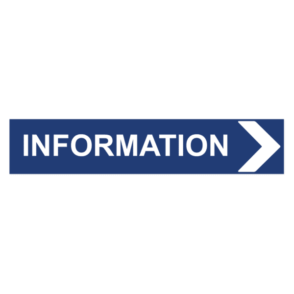 Information pil höger-skylten har storleken 750x150mm och tillverkas i materialet Aluminium 2mm Plan. Denna standardskylt kan anpassas så att du kan skapa din egen version av skylten.