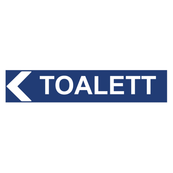 Toalett pil vänster-skylten har storleken 750x150mm och tillverkas i materialet Aluminium 0.7mm. Denna standardskylt kan anpassas så att du kan skapa din egen version av skylten.
