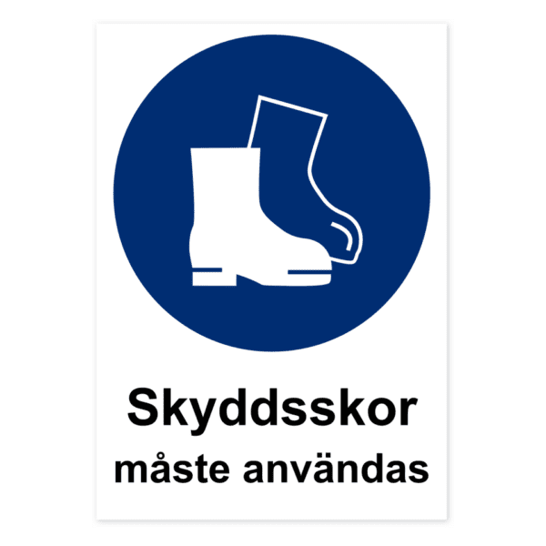 Skyddsskor måste användas-skylten har storleken 210x297mm och tillverkas i materialet Aluminium 0.7mm. Denna standardskylt kan anpassas så att du kan skapa din egen version av skylten.