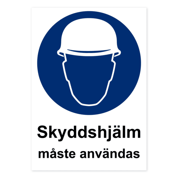 Skyddshjälm måste användas-skylten har storleken 210x297mm och tillverkas i materialet Aluminium 0.7mm. Denna standardskylt kan anpassas så att du kan skapa din egen version av skylten.
