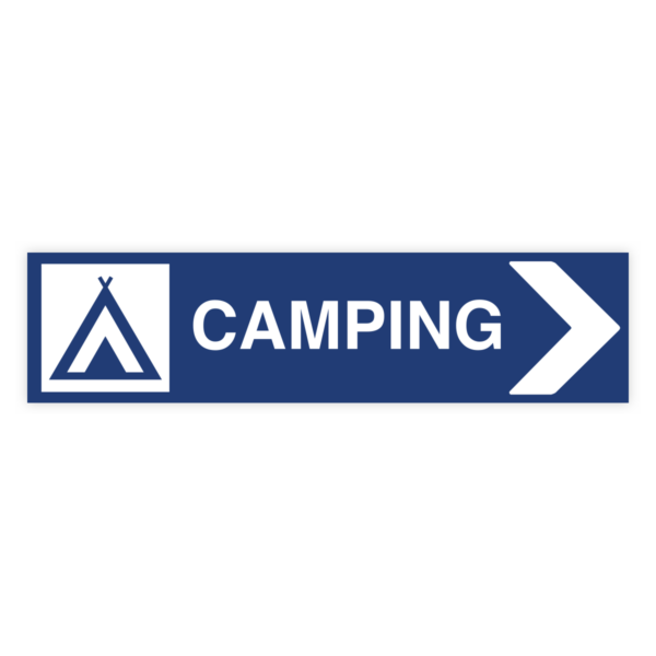 Camping pil höger-skylten har storleken 1000x250mm och tillverkas i materialet Aluminium 2mm. Denna standardskylt kan anpassas så att du kan skapa din egen version av skylten.