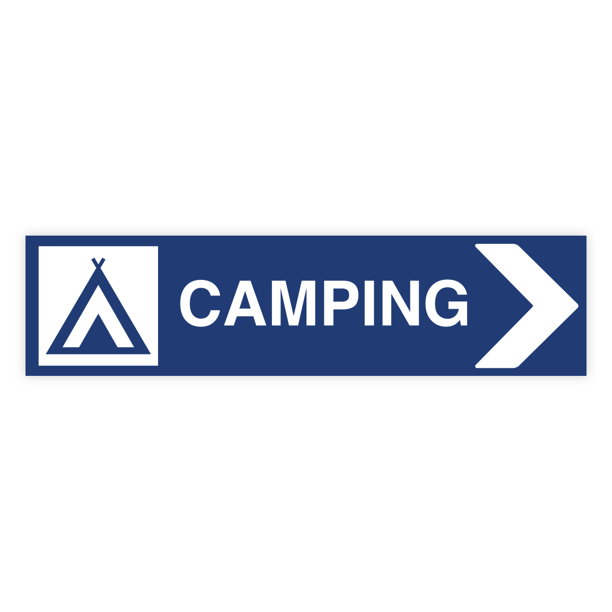 Camping pil höger-skylten har storleken 1000x250mm och tillverkas i materialet Aluminium 2mm. Denna standardskylt kan anpassas så att du kan skapa din egen version av skylten.