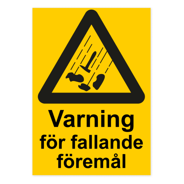 Varning för fallande föremål-skylten har storleken 210x297mm och tillverkas i materialet Aluminium 0.7mm. Denna standardskylt kan anpassas så att du kan skapa din egen version av skylten.