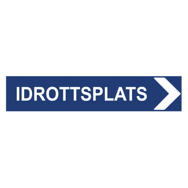 Idrottsplats pil höger-skylten har storleken 750x150mm och tillverkas i materialet Aluminium 0.7mm. Denna standardskylt kan anpassas så att du kan skapa din egen version av skylten.