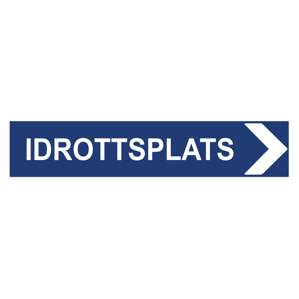 Idrottsplats pil höger-skylten har storleken 750x150mm och tillverkas i materialet Aluminium 0.7mm. Denna standardskylt kan anpassas så att du kan skapa din egen version av skylten.
