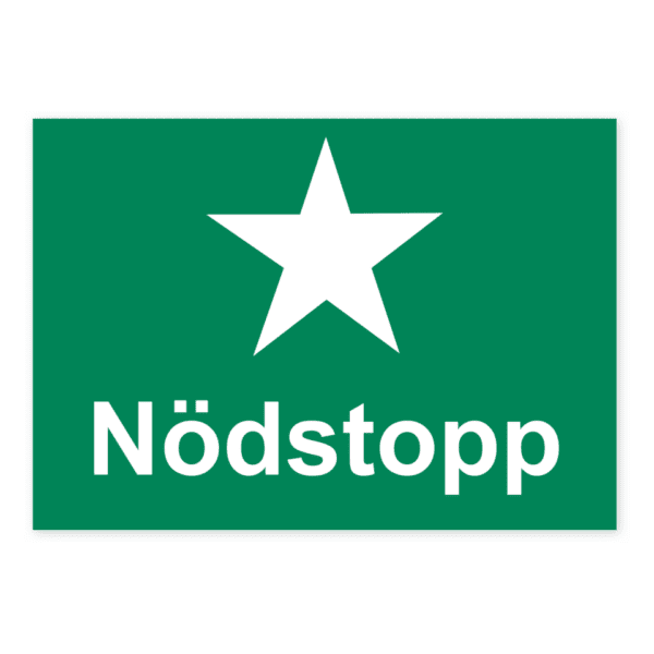 Nödstopp-skylten har storleken 210x148mm och tillverkas i materialet Dekal. Denna standardskylt kan anpassas så att du kan skapa din egen version av skylten.