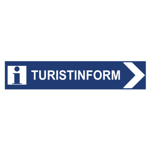 Turistinformation pil höger-skylten har storleken 750x150mm och tillverkas i materialet Aluminium 0.7mm. Denna standardskylt kan anpassas så att du kan skapa din egen version av skylten.