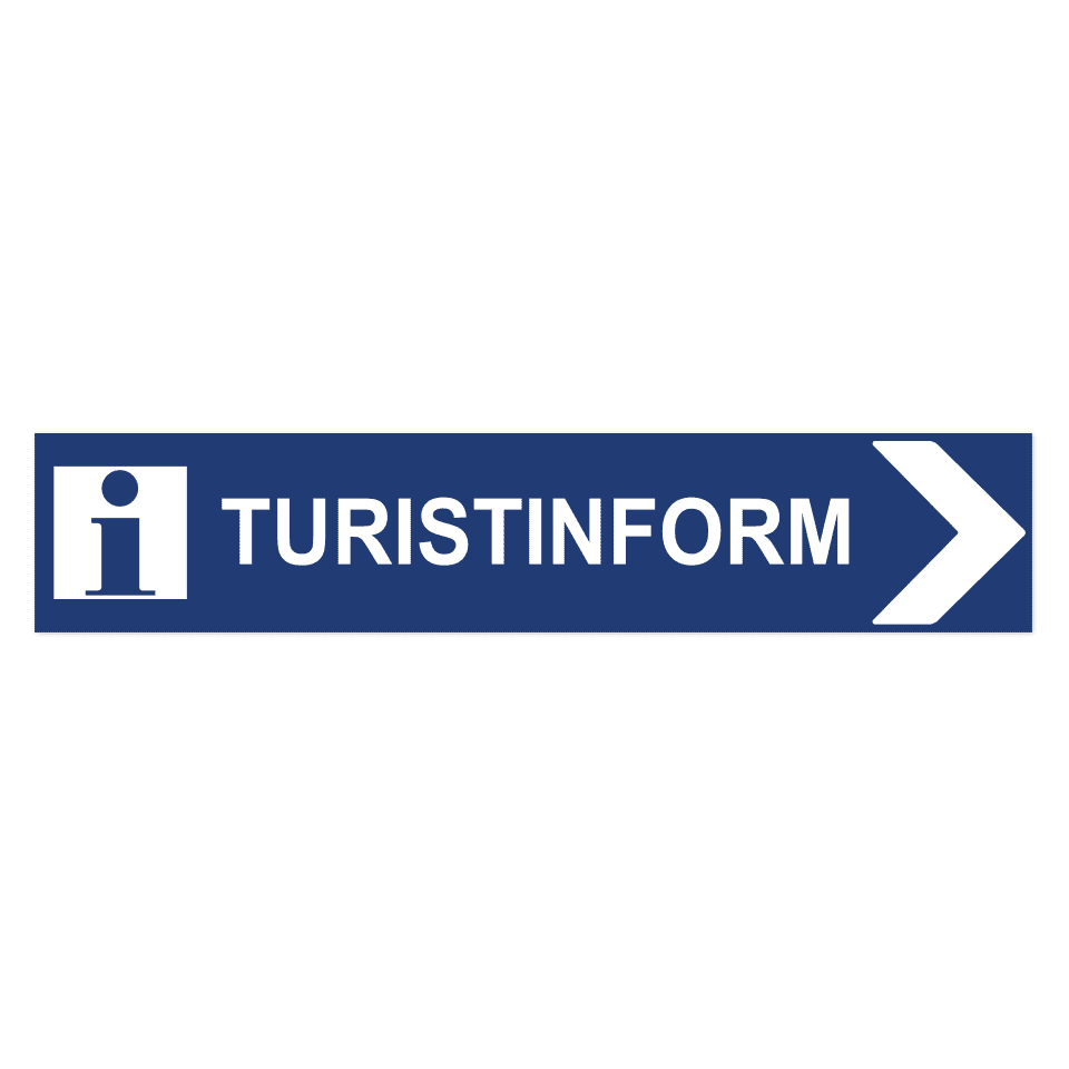 Turistinformation pil höger-skylten har storleken 750x150mm och tillverkas i materialet Aluminium 0.7mm. Denna standardskylt kan anpassas så att du kan skapa din egen version av skylten.