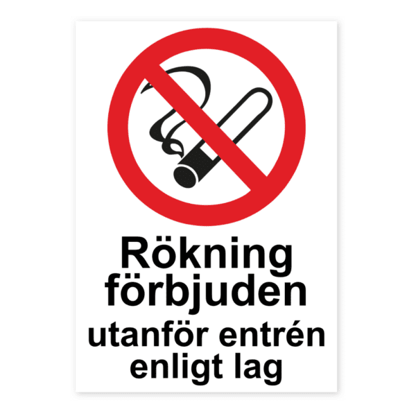 Rökning förbjuden utanför entrén enligt lag-skylten har storleken 148x210mm och tillverkas i materialet Aluminium 0.7mm. Denna standardskylt kan anpassas så att du kan skapa din egen version av skylten.