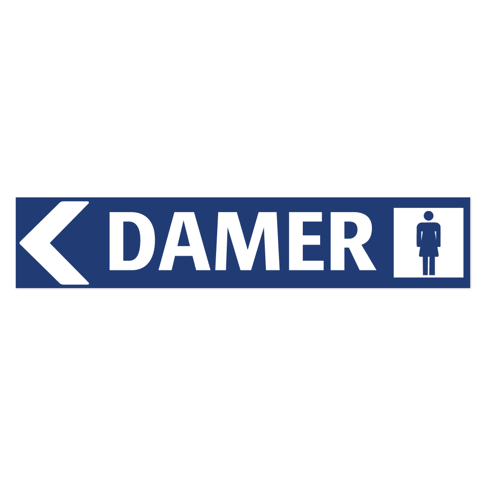 Damer pil vänster-skylten har storleken 750x150mm och tillverkas i materialet Aluminium 0.7mm. Denna standardskylt kan anpassas så att du kan skapa din egen version av skylten.